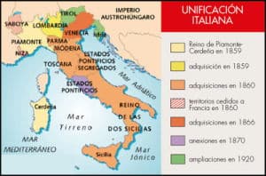Mapa de la unificación italiana